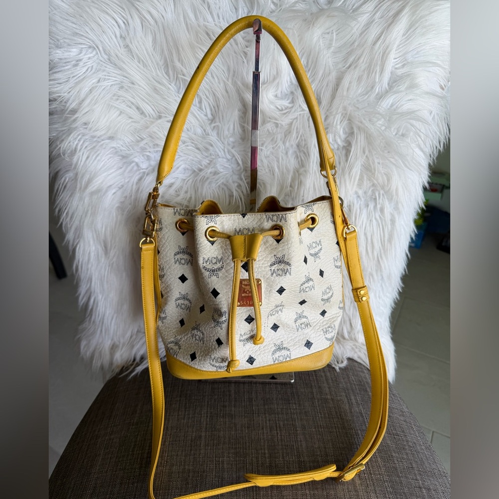 MCM White Visetos Bucket Bag with Yellow Trim